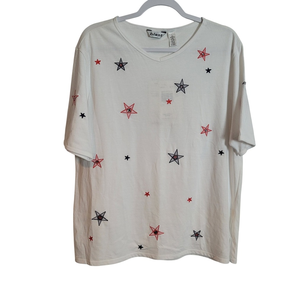 Blast Womens White Star Embroidered V-Neck T-Shirt Rhinestone Patriotic Large